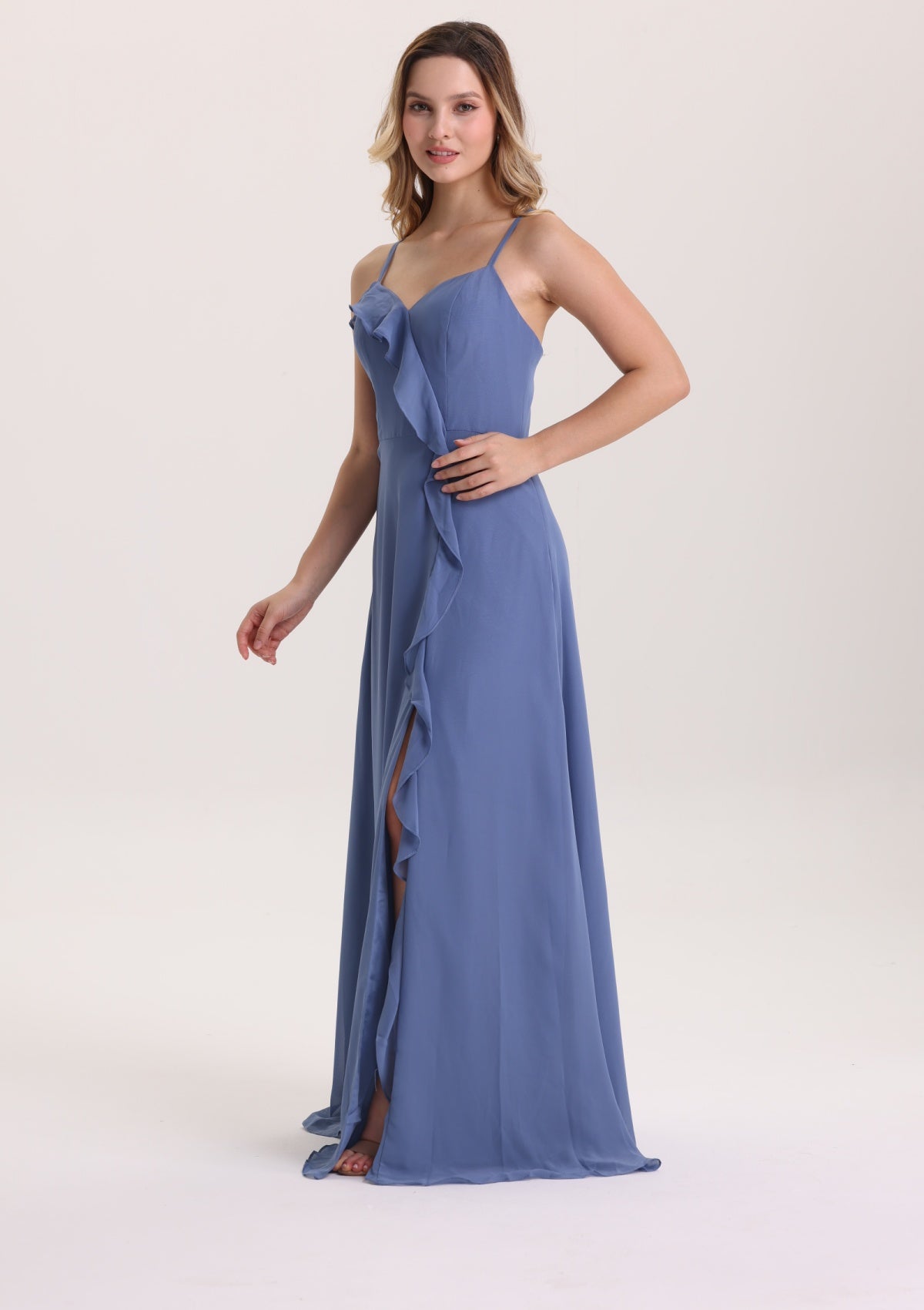 Classical Spaghetti Strap Ruffle Chiffon Bridesmaid Dress
