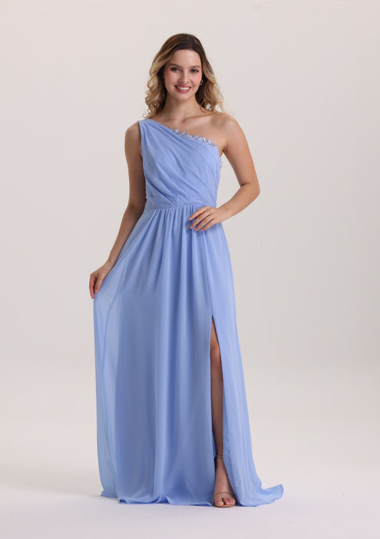 A Line Asymmetrical Neck Bridesmaid Dress with Slit