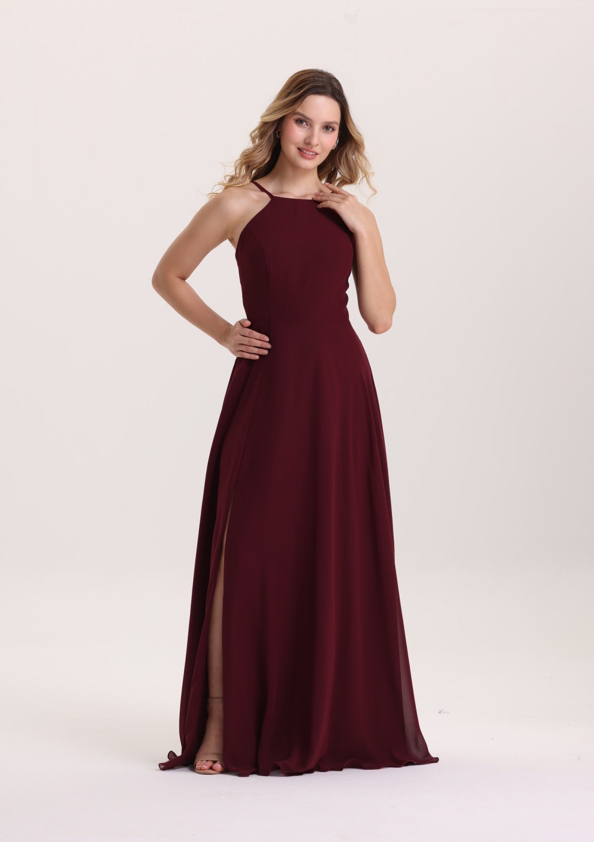 Chic Halter Sleeveless Chiffon Bridesmaid Dress with Slit