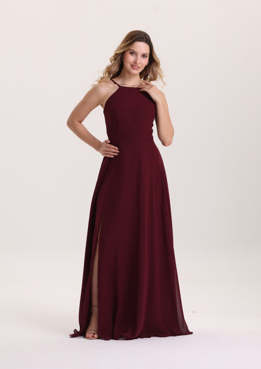 Chic Halter Sleeveless Chiffon Bridesmaid Dress with Slit