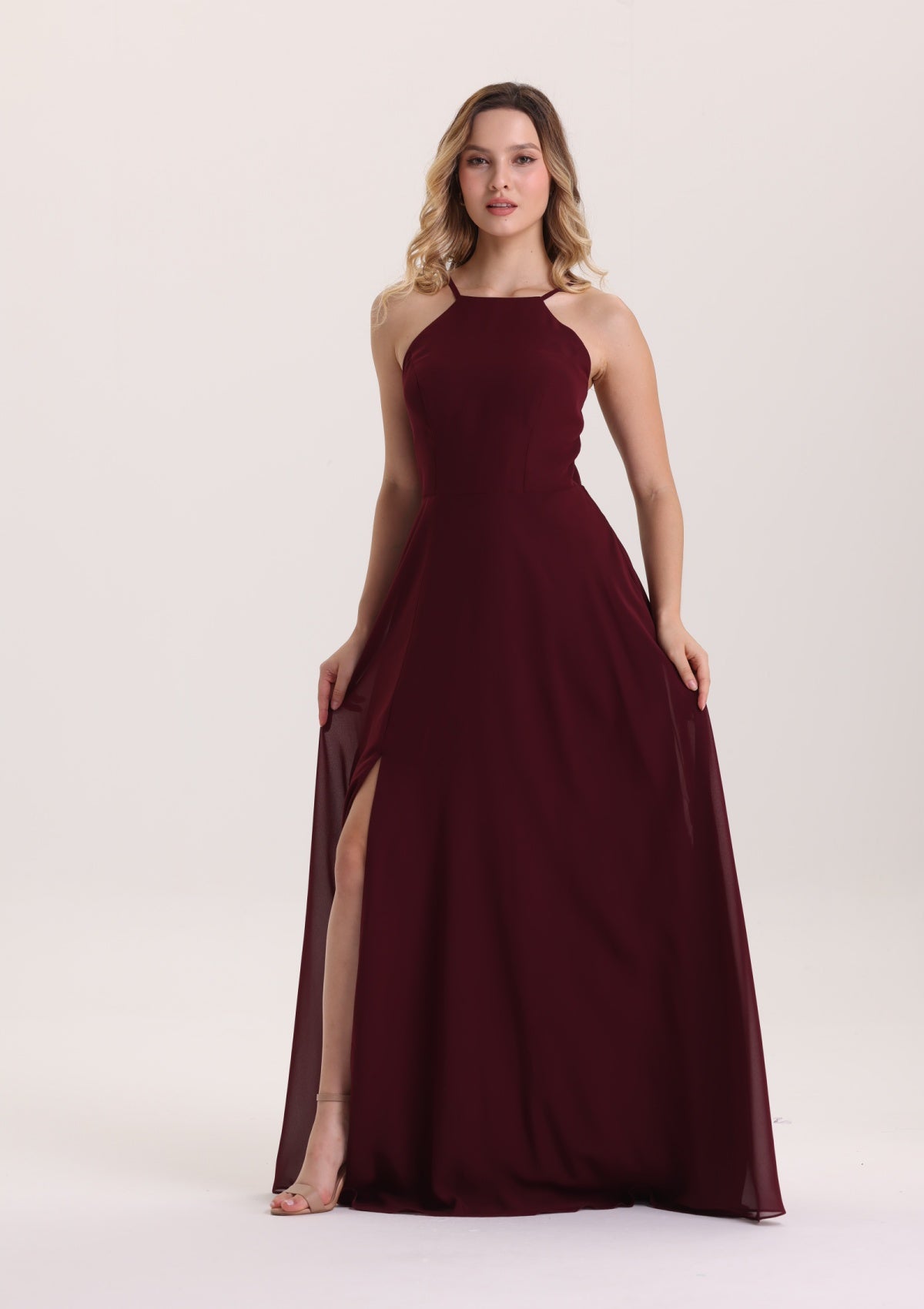 Chic Halter Sleeveless Chiffon Bridesmaid Dress with Slit