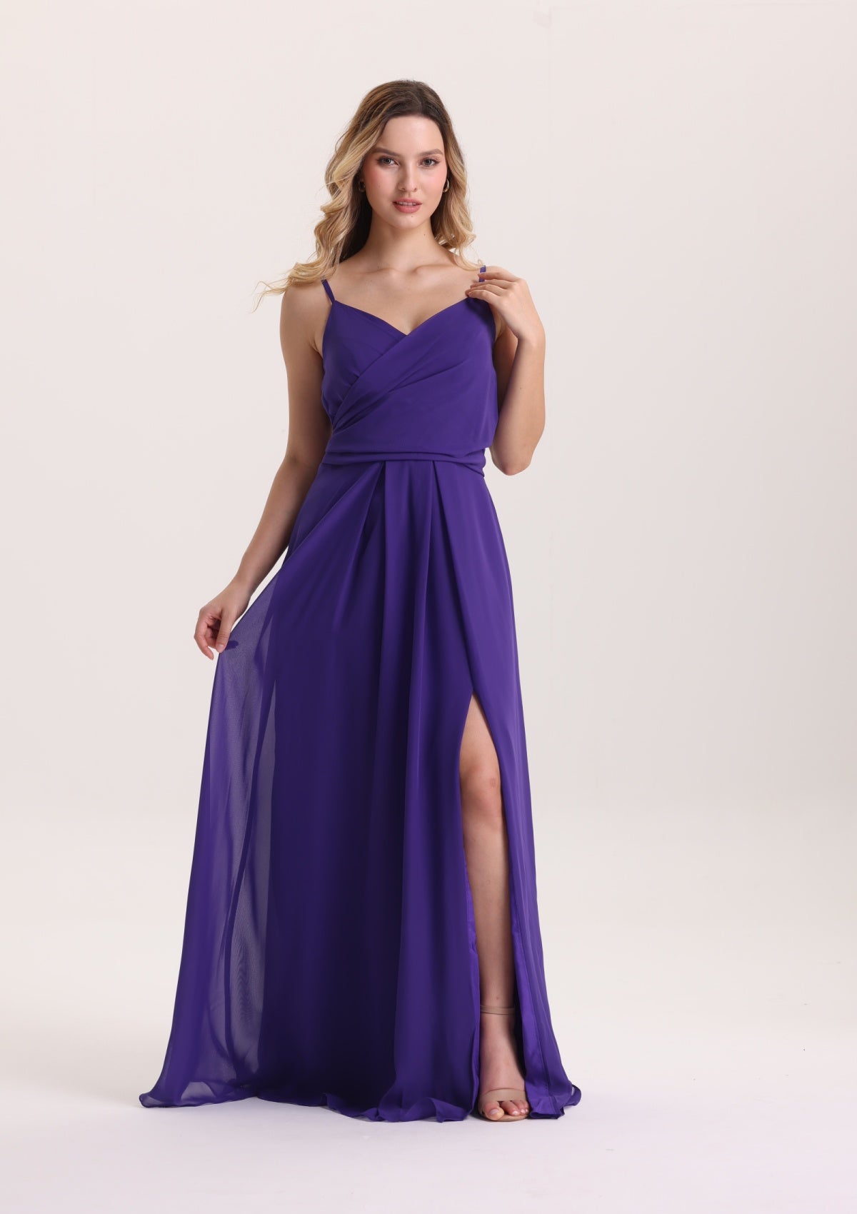 A Line Spaghetti Strap Pleated Chiffon Prom Dress