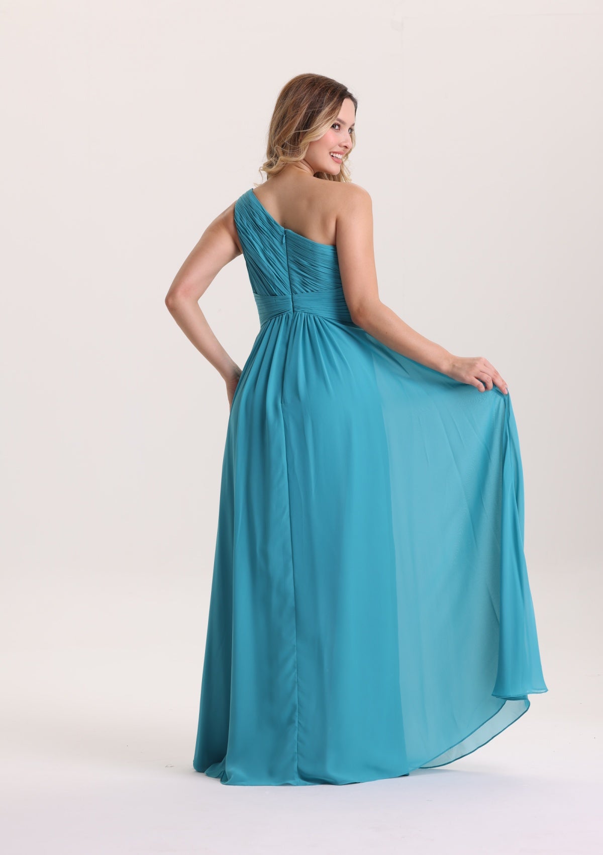 Designed Asymmetrical Neck Twist Waist Prom Dress