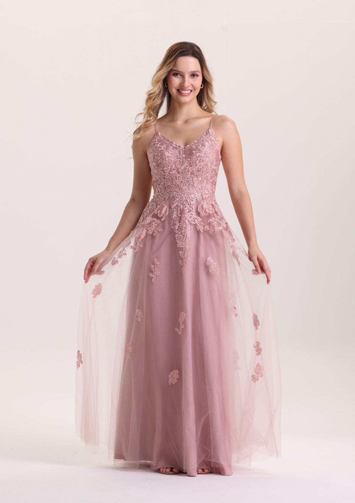 Romantic Lace Appliques V Neck Prom Dress