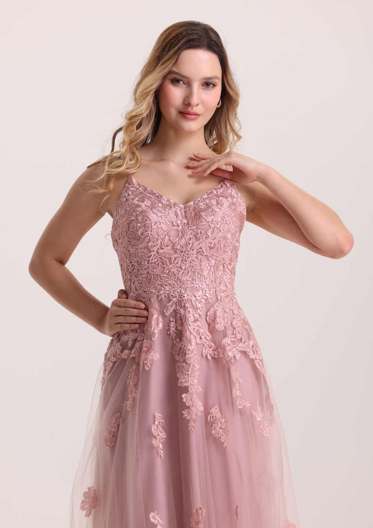 Romantic Lace Appliques V Neck Prom Dress