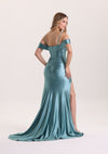 Designed Off Shoulder Corset Satin Prom Dress with Train