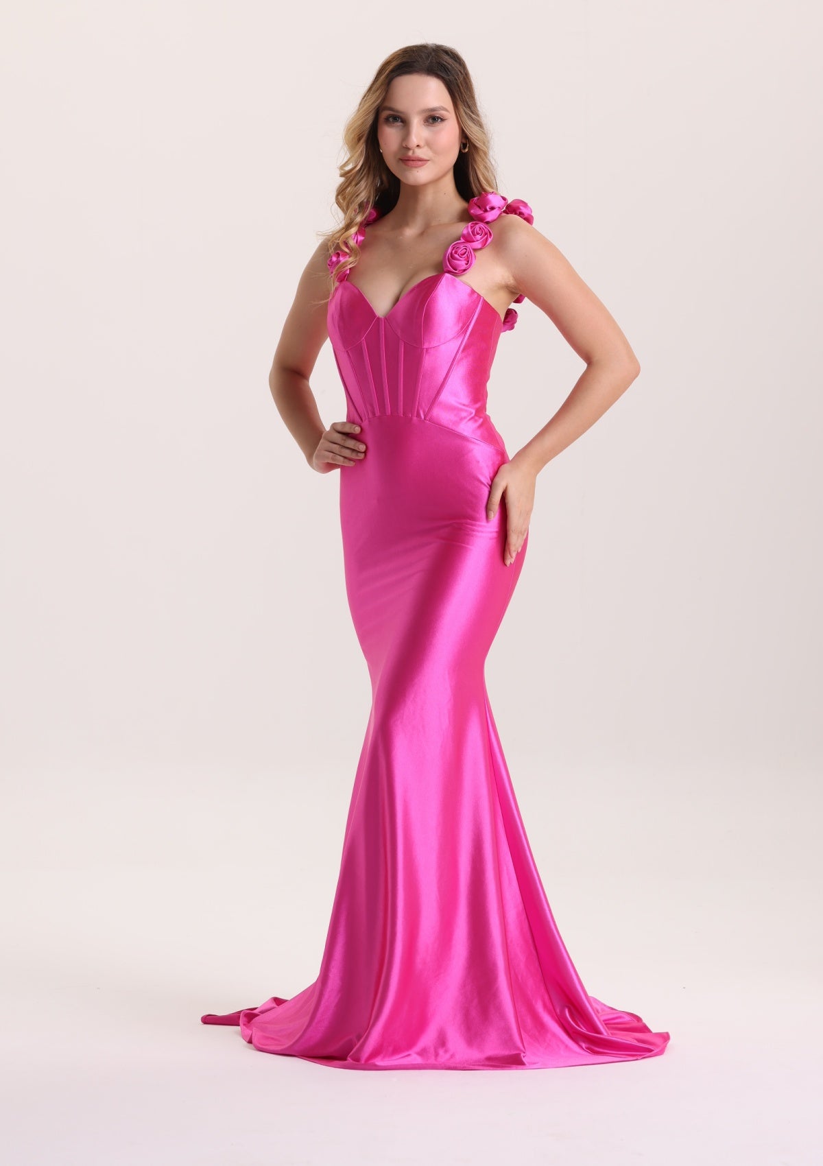 Romantic 3D Floral Spaghetti Strap Satin Prom Dress