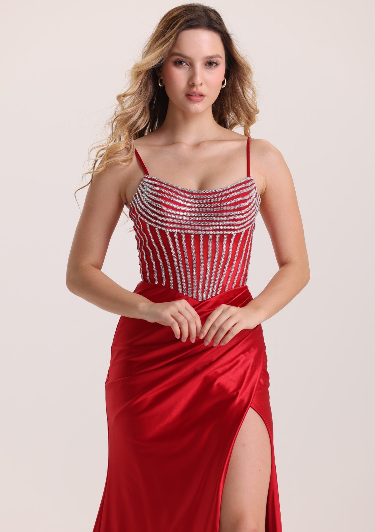 Luxury Spaghetti Strap Corset Pleated Satin Prom Dress with Rhinestone