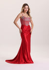 Luxury Spaghetti Strap Corset Pleated Satin Prom Dress with Rhinestone