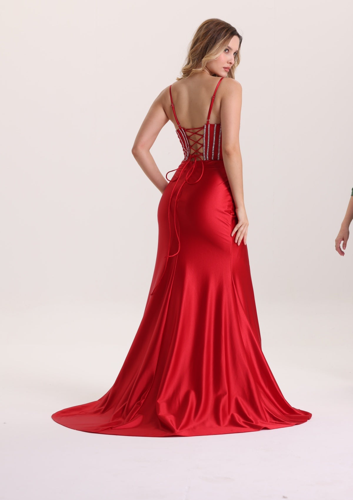 Luxury Spaghetti Strap Corset Pleated Satin Prom Dress with Rhinestone