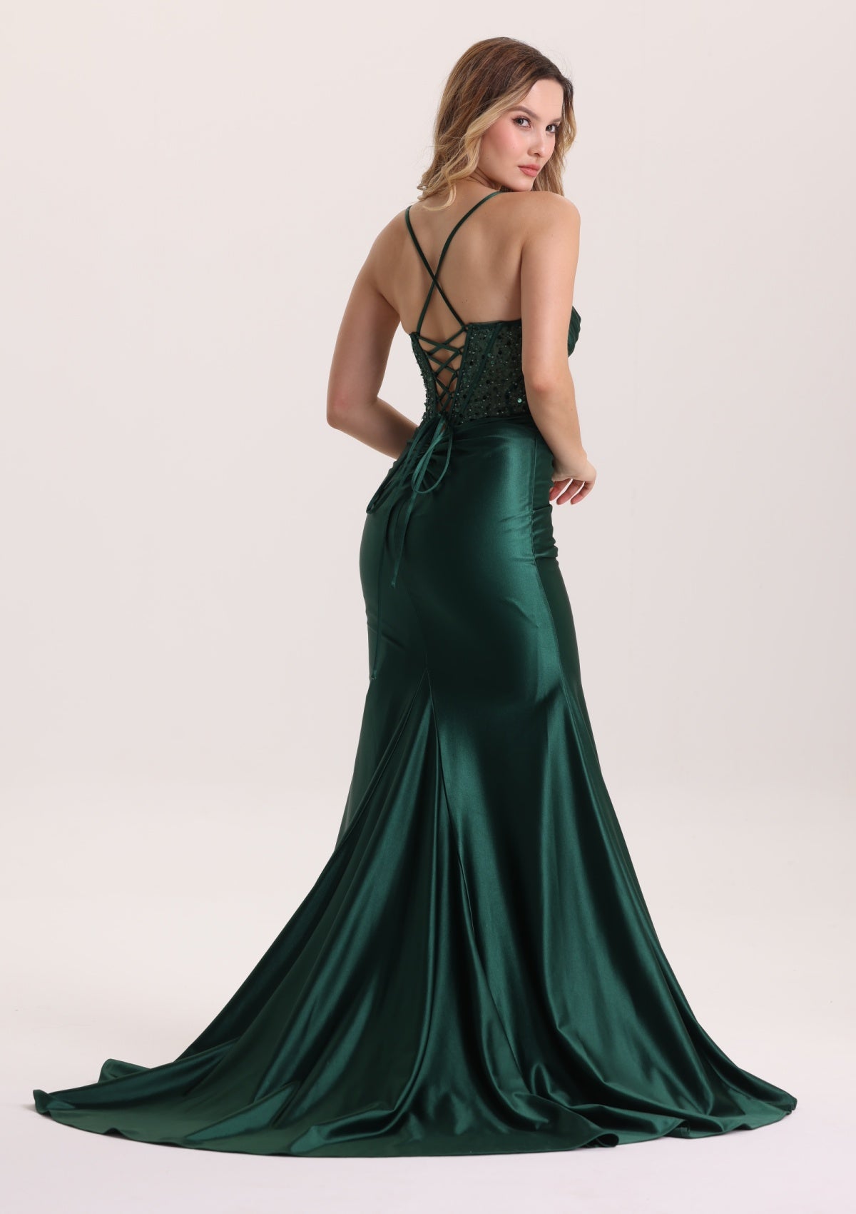 Elegant Sequin Pleated Satin Prom Dress with Train