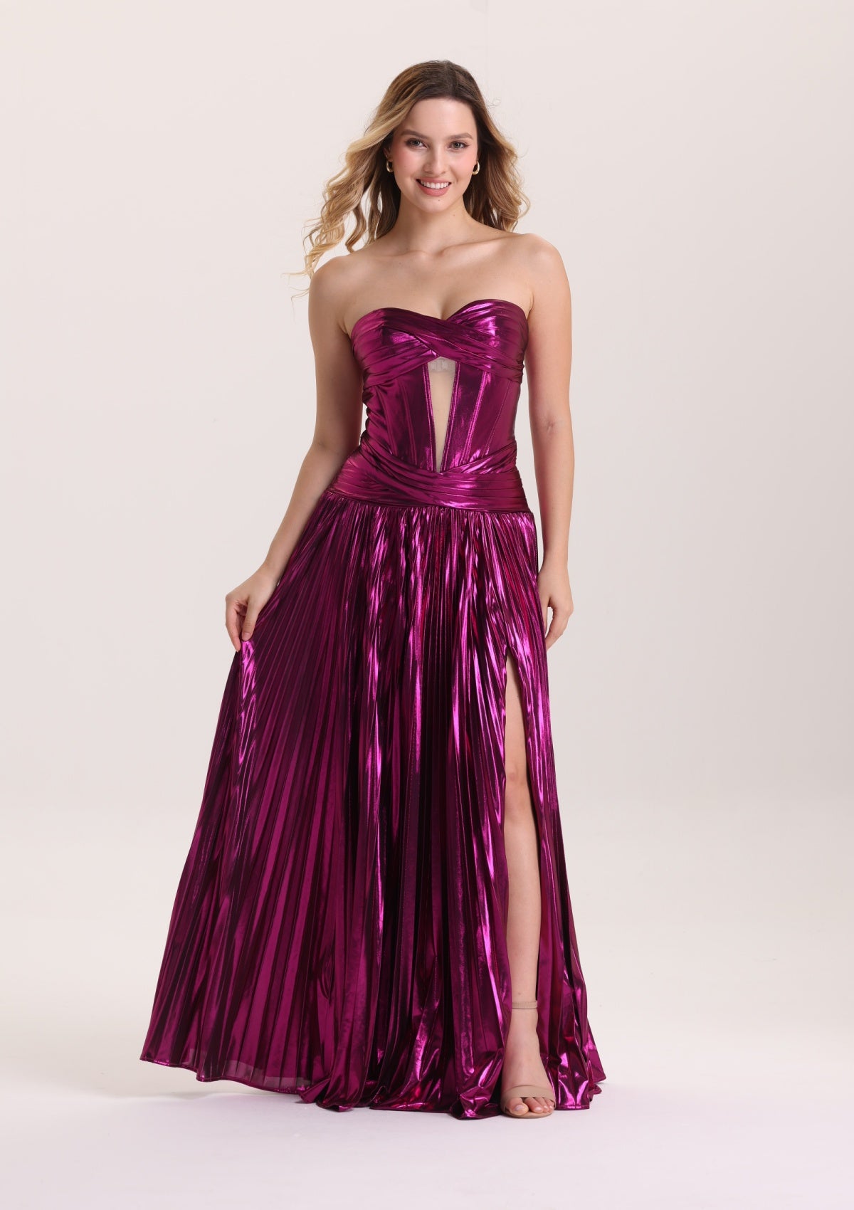 Metallic Cutout Pleated Purple Prom Dress with Slit