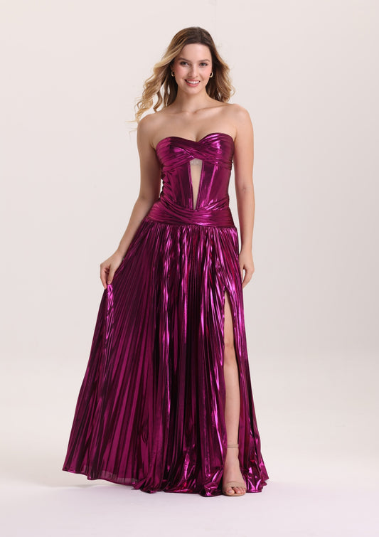 Metallic Cutout Pleated Purple Prom Dress with Slit