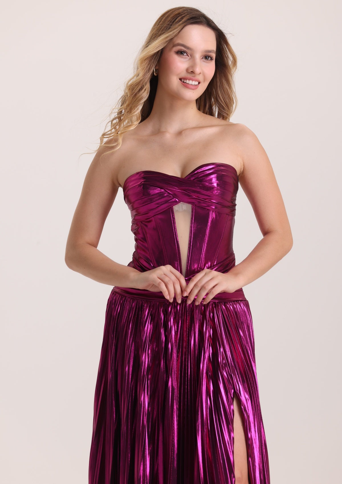Metallic Cutout Pleated Purple Prom Dress with Slit
