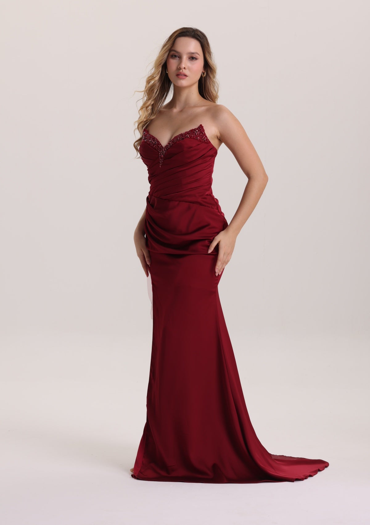 Luxury Red Beaded Pleated Satin Prom Dress with Slit