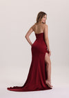 Luxury Red Beaded Pleated Satin Prom Dress with Slit