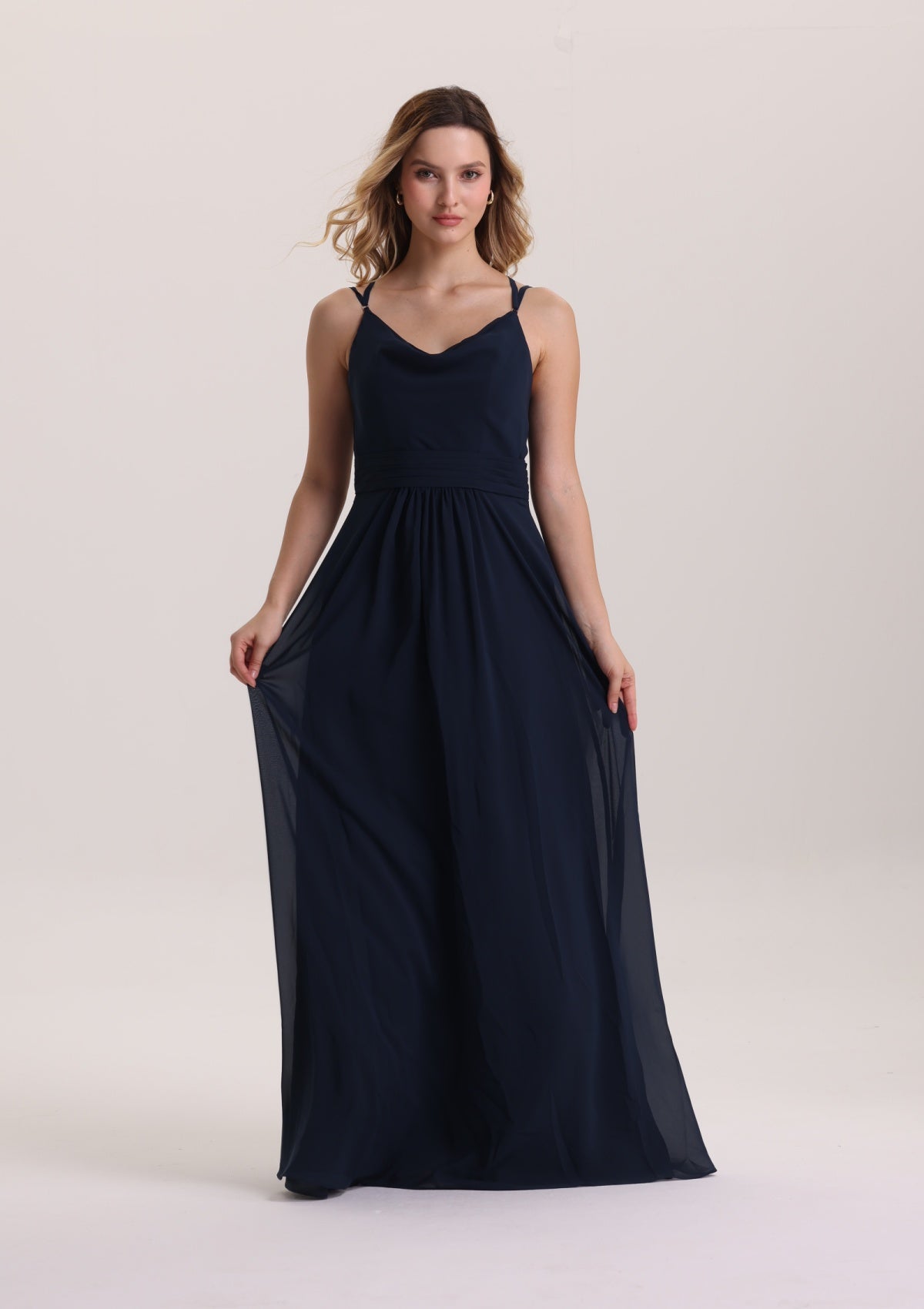 Classical V Neck Sleeveless Navy Chiffon Bridesmaid Dress