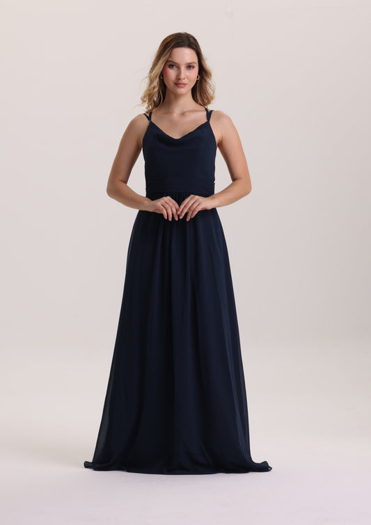 Classical V Neck Sleeveless Navy Chiffon Bridesmaid Dress