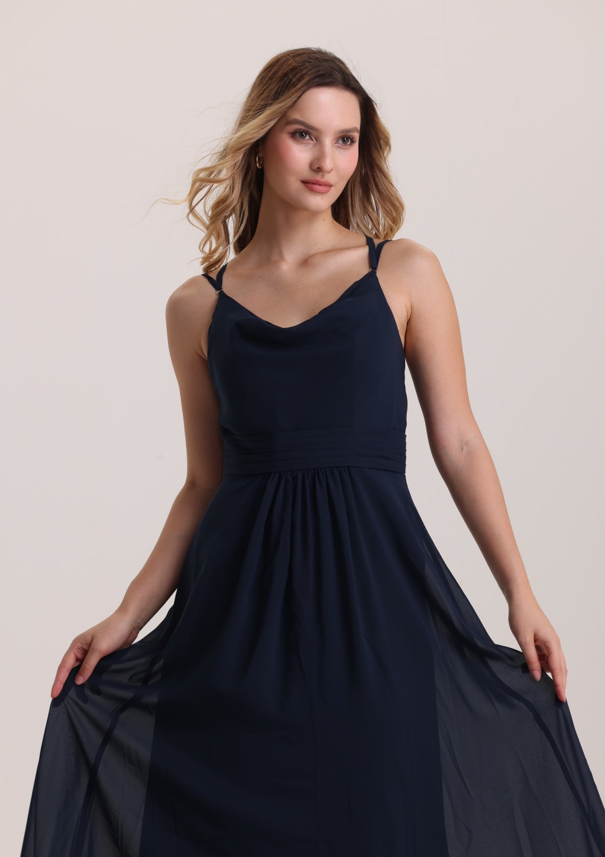 Classical V Neck Sleeveless Navy Chiffon Bridesmaid Dress