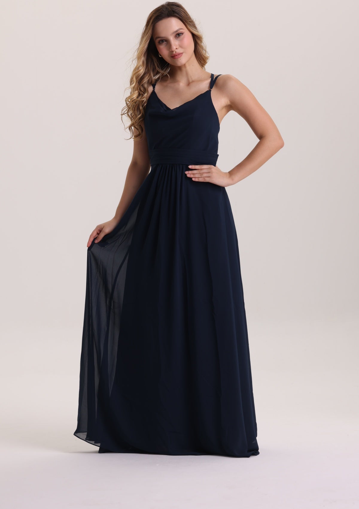 Classical V Neck Sleeveless Navy Chiffon Bridesmaid Dress