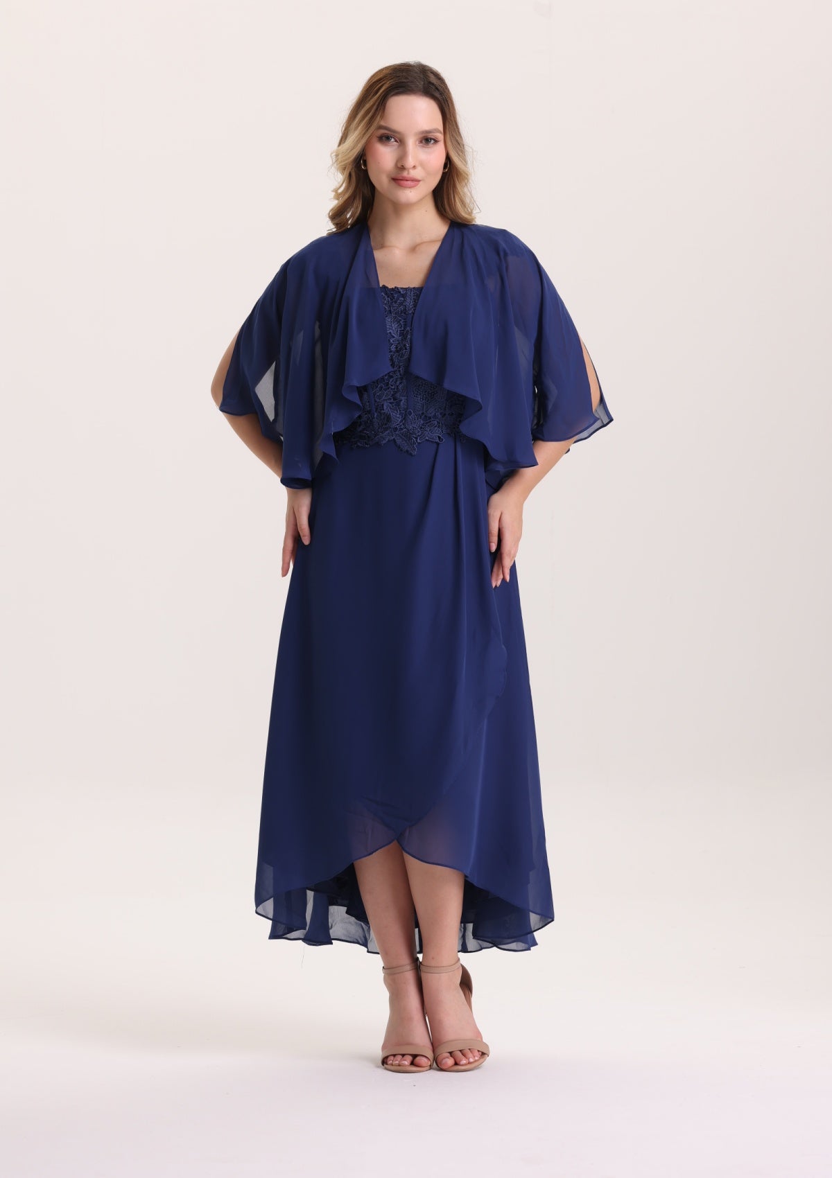 Elegant Navy Blue Chiffon Lace Midi Dress with Shawl