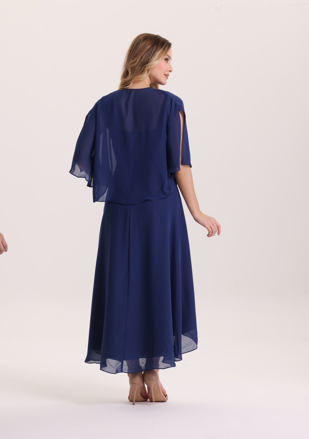 Elegant Navy Blue Chiffon Lace Midi Dress with Shawl