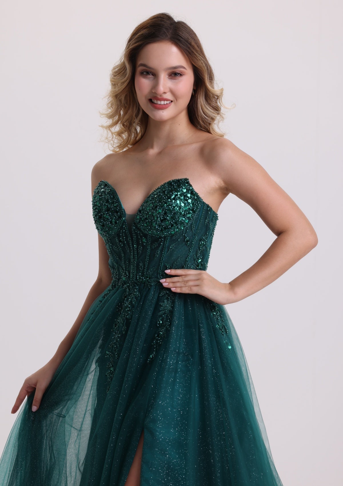 Luxury Beaded Sparkly Tulle Prom Dress with Slit