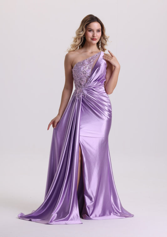 Gorgeous Asymmetrical Neck Appliques Pleated Prom Dress