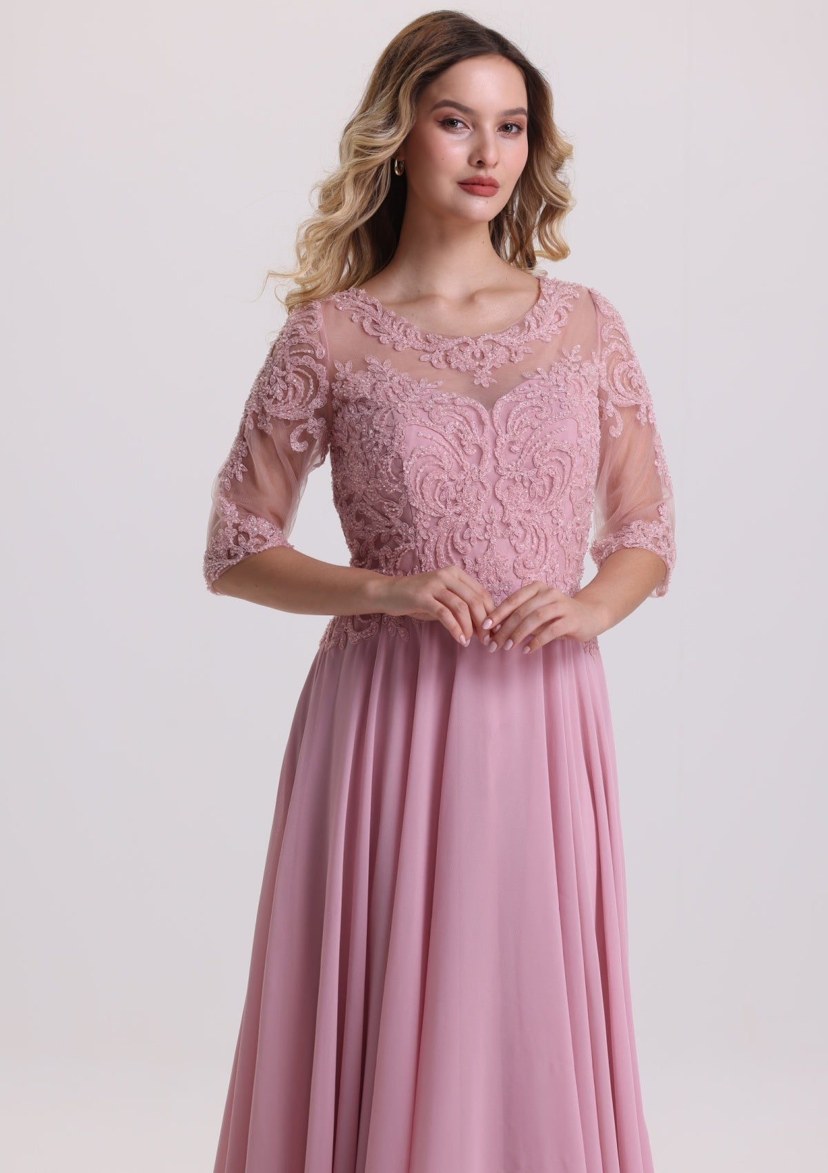 A Line Appliques Chiffon Mother of The Bride Dress with Sleeves