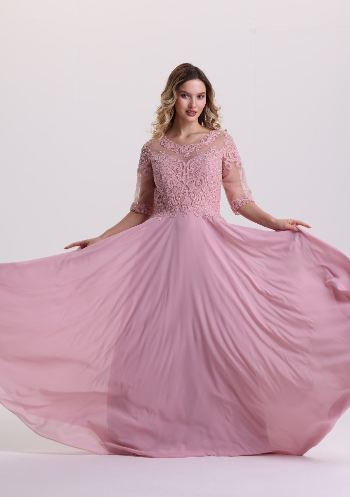 A Line Appliques Chiffon Mother of The Bride Dress with Sleeves