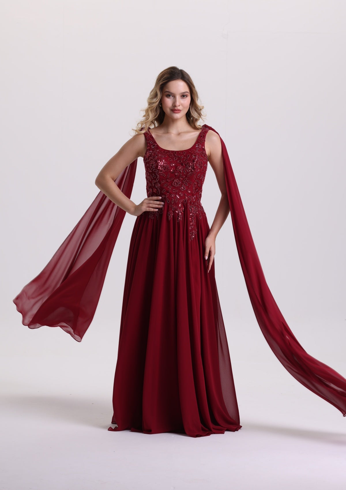 Burgundy Beaded Chiffon Evening Gown with Draped Cape Sleeves