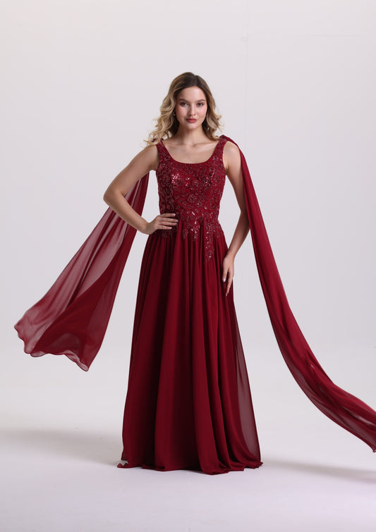 Burgundy Beaded Chiffon Evening Gown with Draped Cape Sleeves