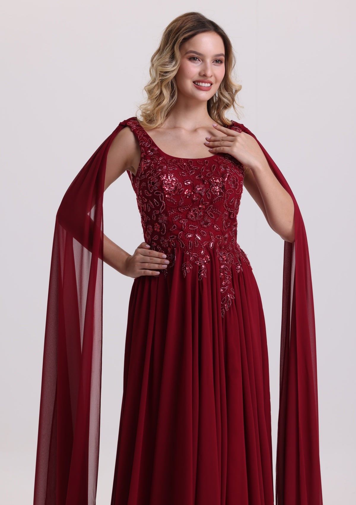 Burgundy Beaded Chiffon Evening Gown with Draped Cape Sleeves