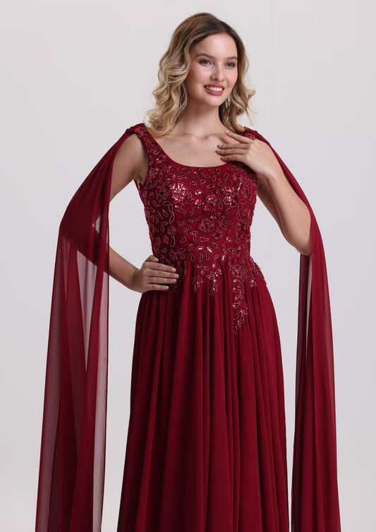 Burgundy Beaded Chiffon Evening Gown with Draped Cape Sleeves