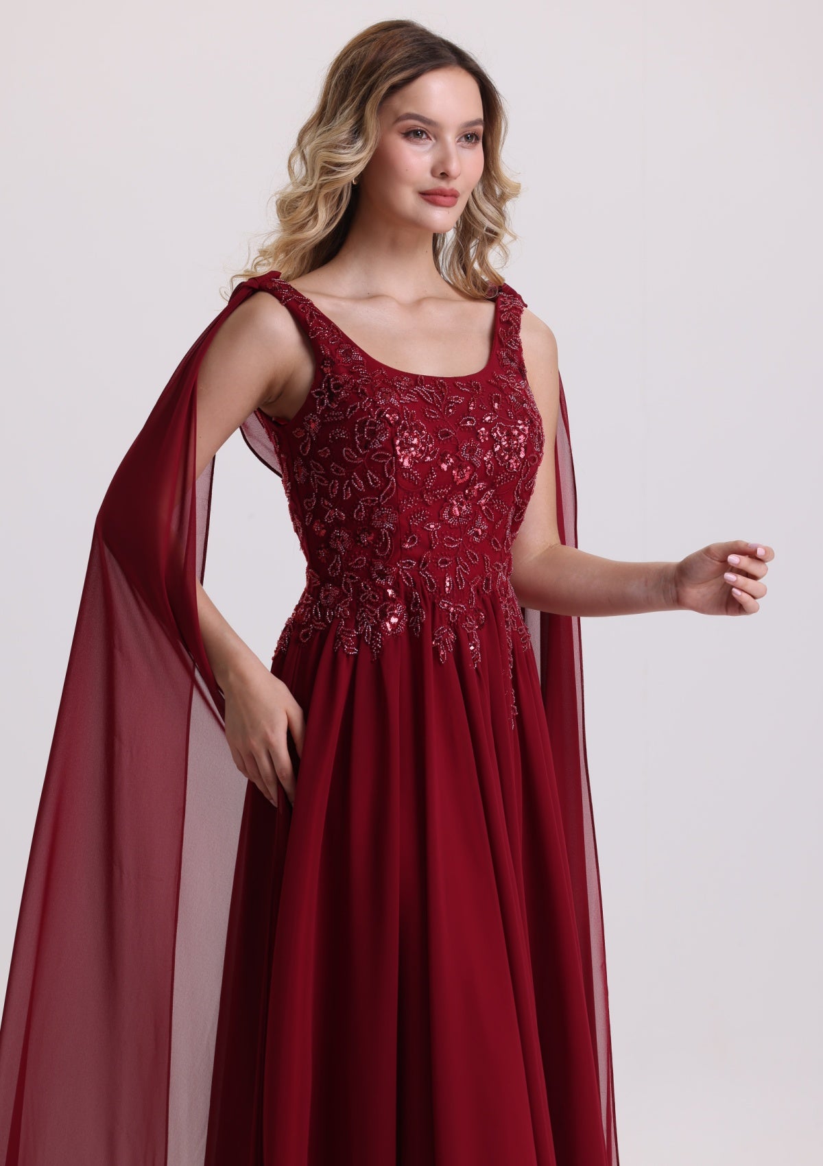 Burgundy Beaded Chiffon Evening Gown with Draped Cape Sleeves