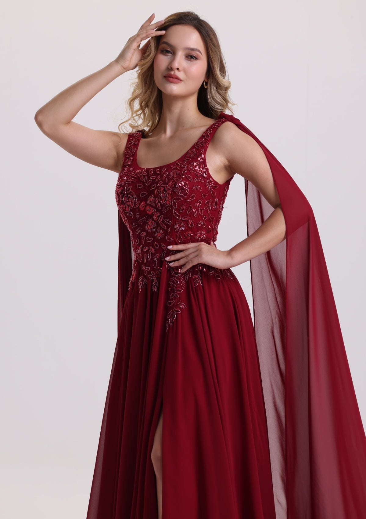 Burgundy Beaded Chiffon Evening Gown with Draped Cape Sleeves