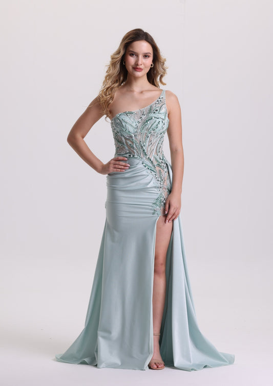 Designed Asymmetrical Neck Appliques Satin Prom Dress