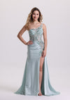 Designed Asymmetrical Neck Appliques Satin Prom Dress
