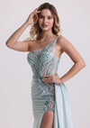 Designed Asymmetrical Neck Appliques Satin Prom Dress
