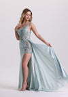 Designed Asymmetrical Neck Appliques Satin Prom Dress