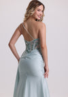 Designed Asymmetrical Neck Appliques Satin Prom Dress