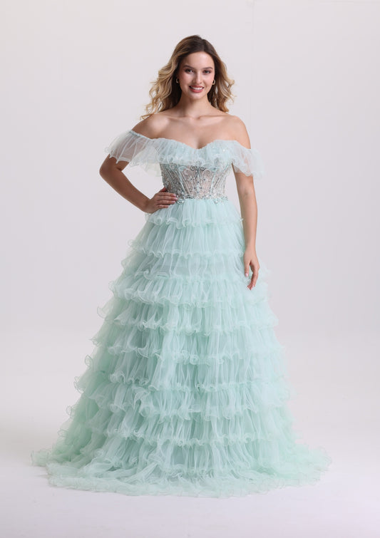 Elegant Appliques Corset Tiered Tulle Prom Dress