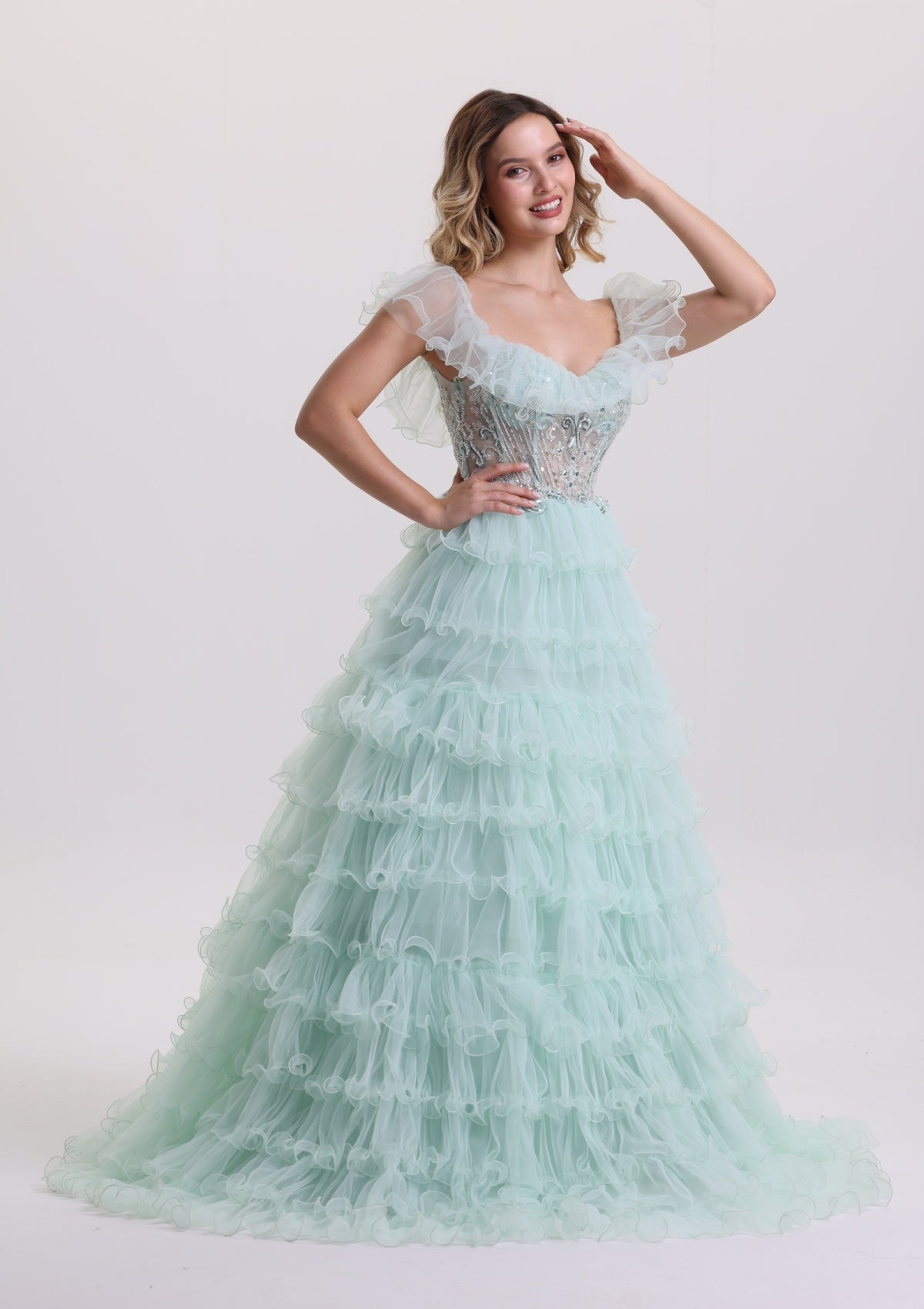 Elegant Appliques Corset Tiered Tulle Prom Dress