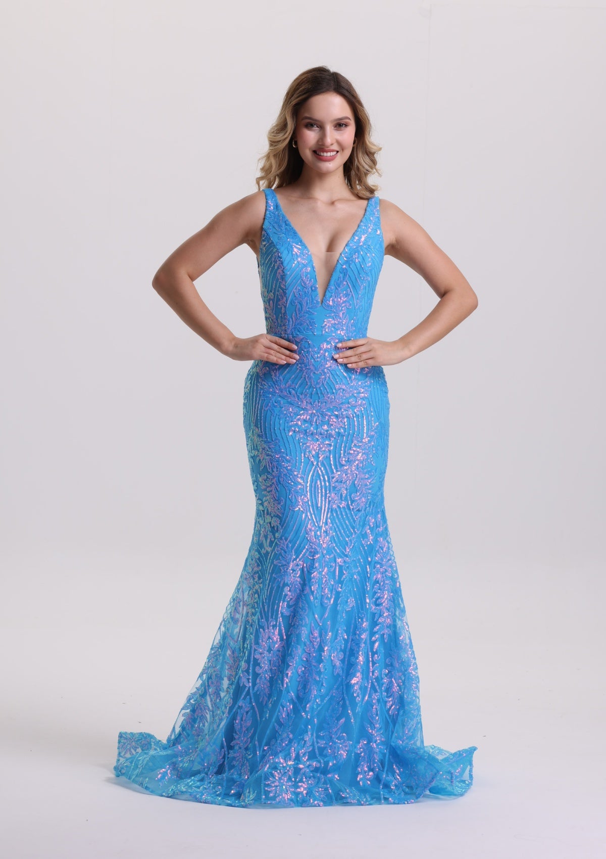 Luxury Illusion Plunging Neck Blue Evening Dress with Train