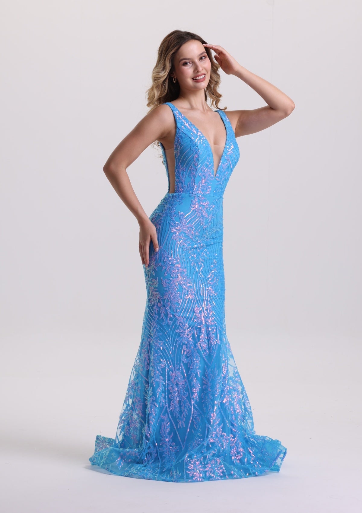Luxury Illusion Plunging Neck Blue Evening Dress with Train