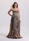 Metallic Sleeveless Pleated Corset Prom Dress with Train