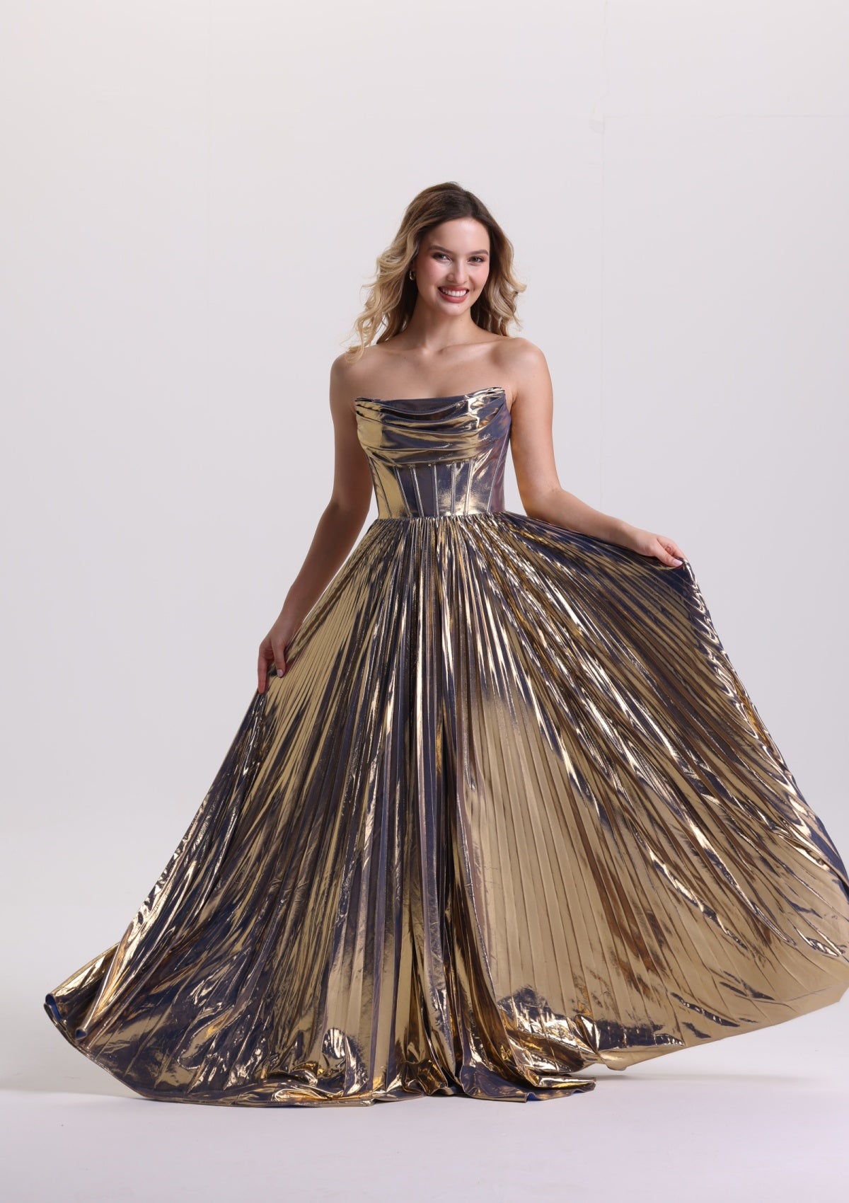 Metallic Sleeveless Pleated Corset Prom Dress with Train