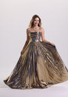 Metallic Sleeveless Pleated Corset Prom Dress with Train