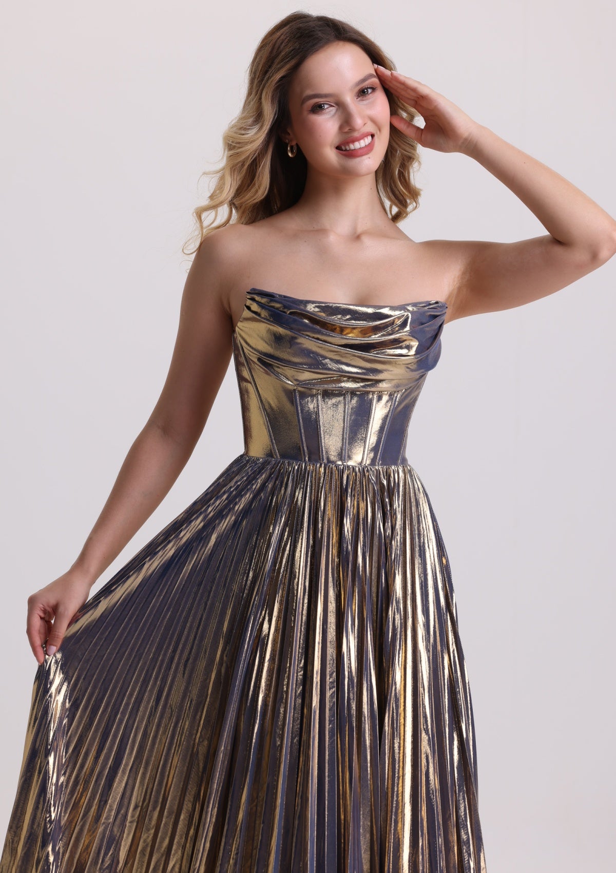 Metallic Sleeveless Pleated Corset Prom Dress with Train