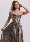 Metallic Sleeveless Pleated Corset Prom Dress with Train